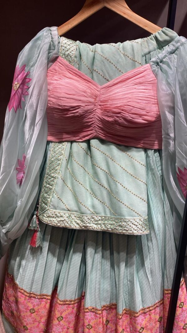 Light Green Lehenga with Drapped Light Peach Blouse with Long Balloon Sleeves